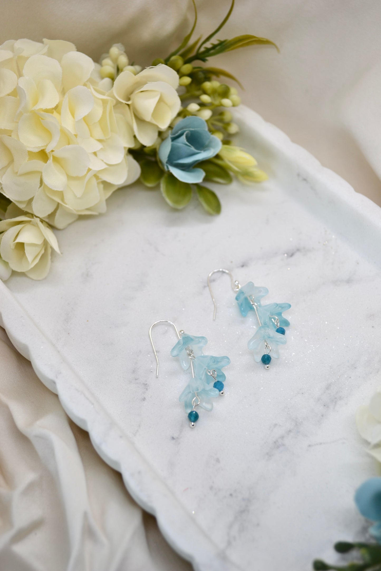 Blue Bell Flower Earrings with Apatite Crystals