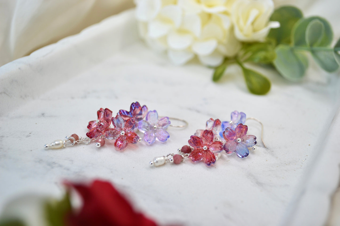 Floral & Rhodochrosite Crystal Earrings