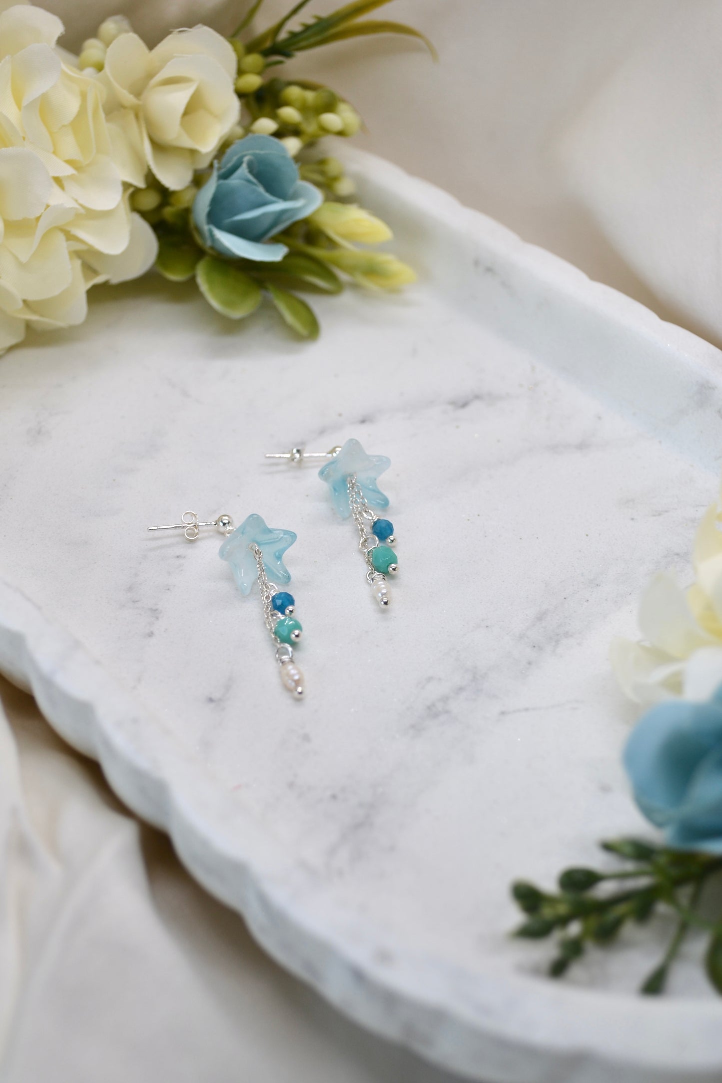 Blue Bell Flowers, Pearls and Apatite Crystals Earrings
