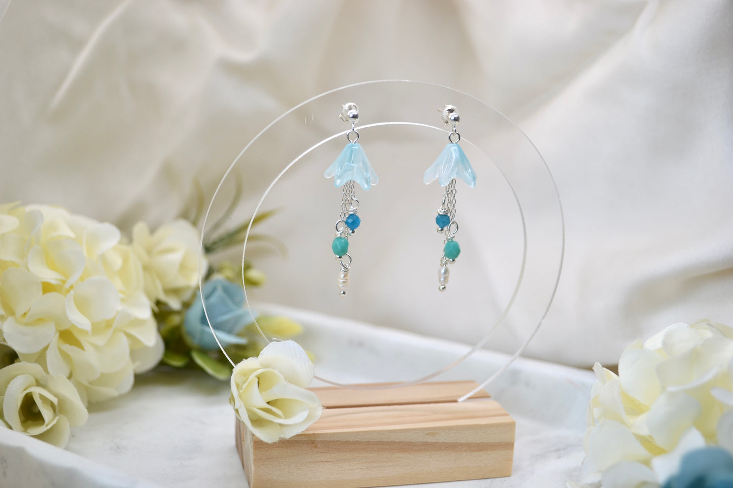 Blue Bell Flowers, Pearls and Apatite Crystals Earrings