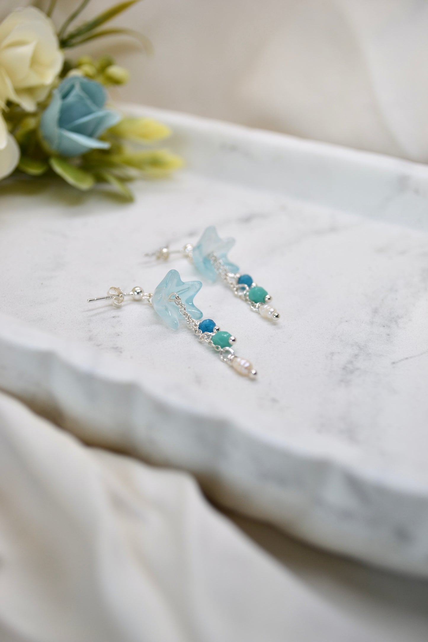 Blue Bell Flowers, Pearls and Apatite Crystals Earrings