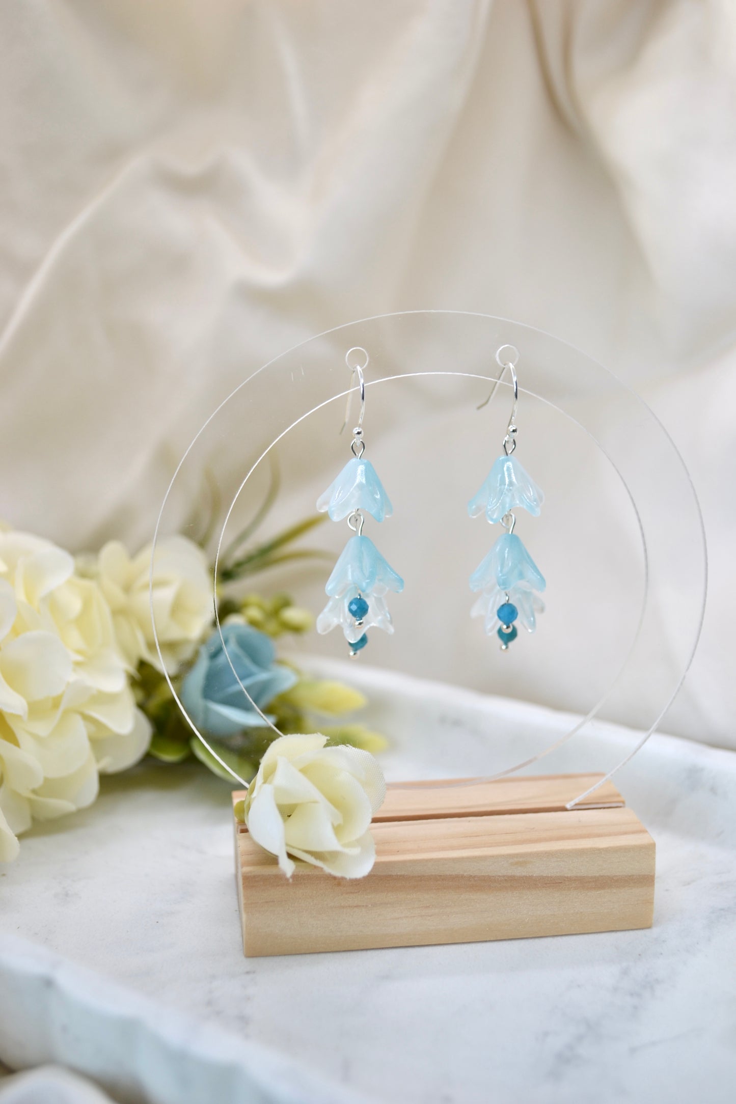 Blue Bell Flower Earrings with Apatite Crystals