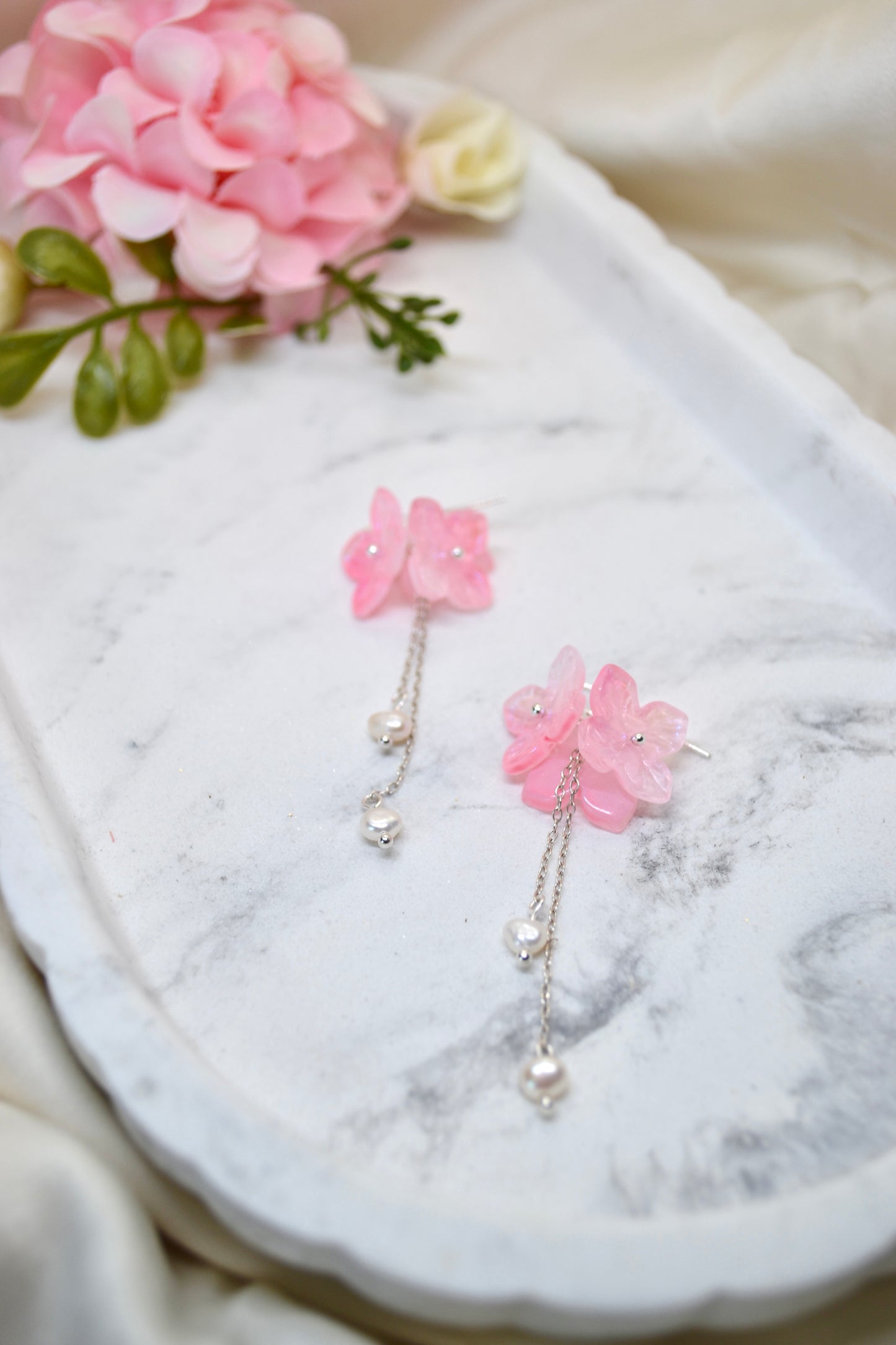 Birthday Earrings – Pink Flower & Pearl Drops