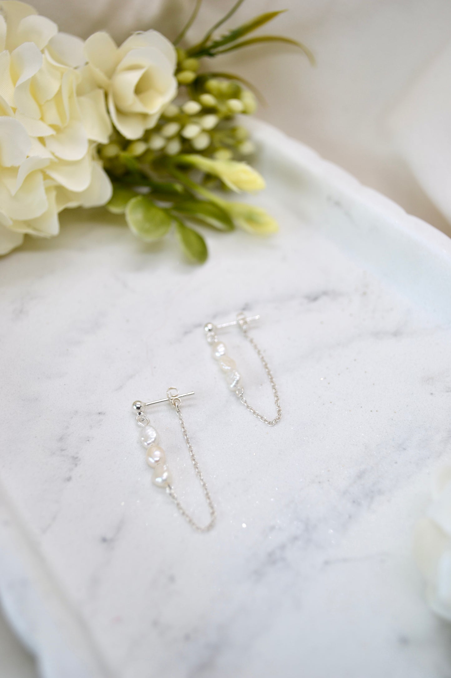 Trio of Pearls Chain Earrings