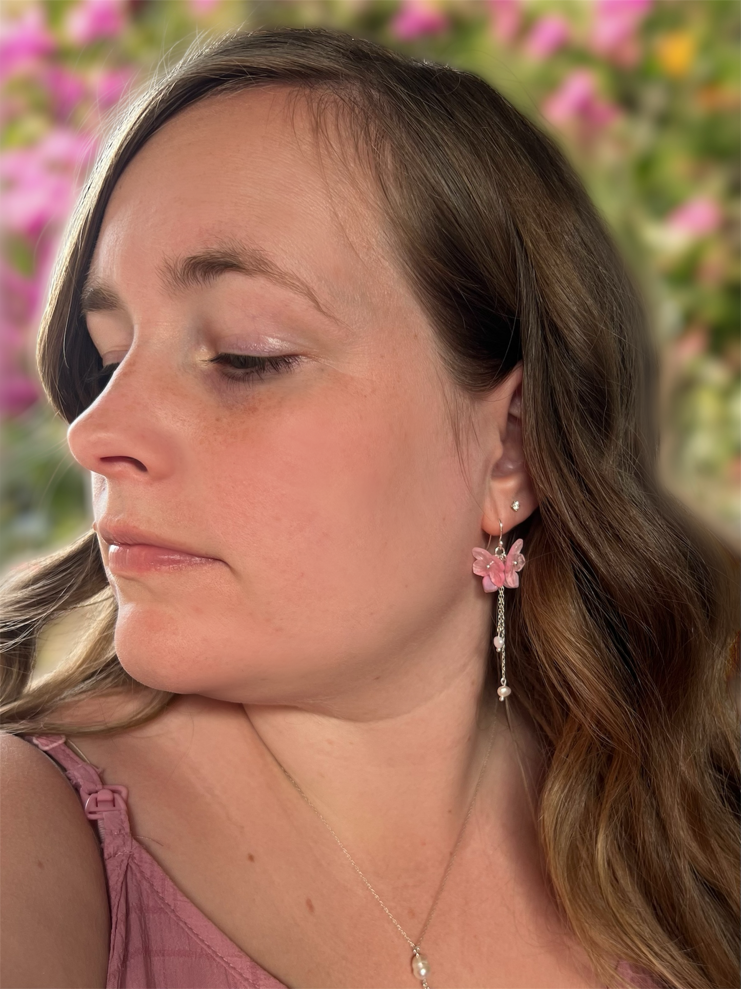 Birthday Earrings – Pink Flower & Pearl Drops