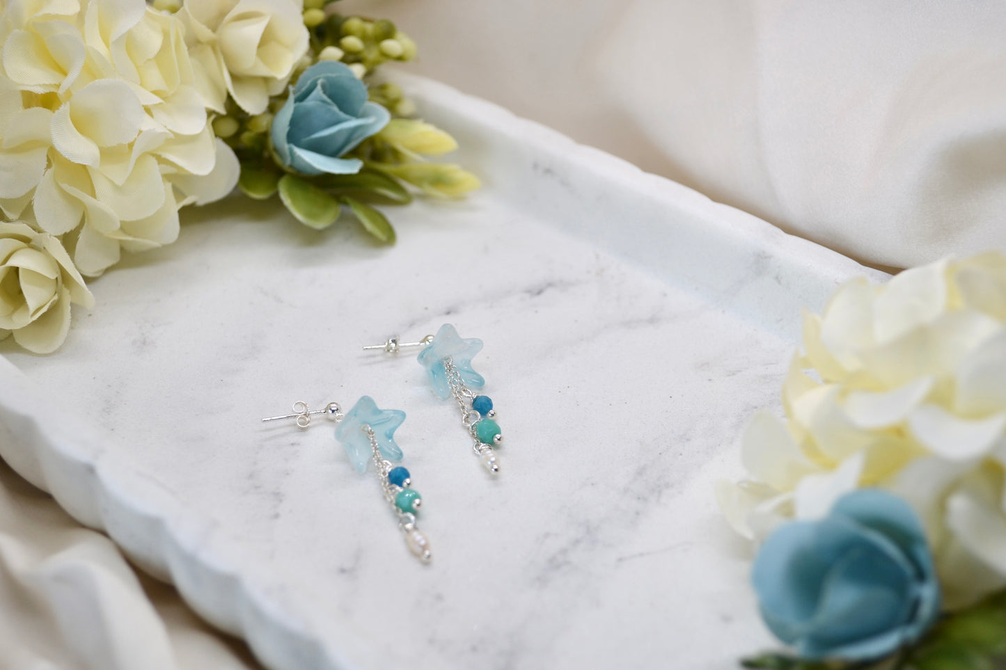 Blue Bell Flowers, Pearls and Apatite Crystals Earrings