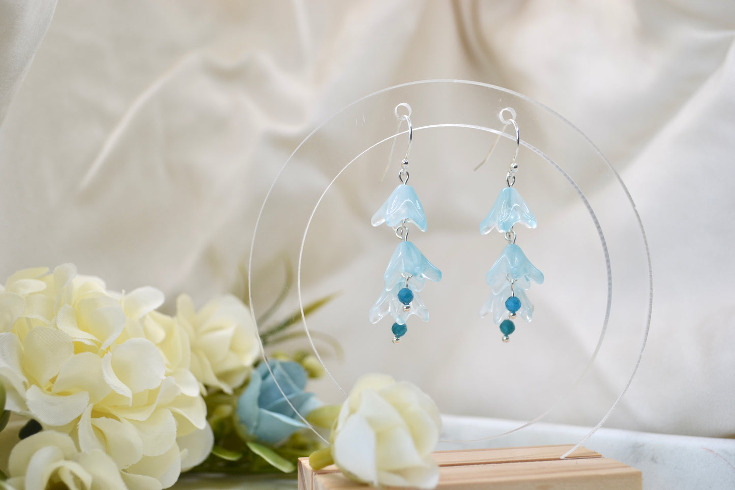 Blue Bell Flower Earrings with Apatite Crystals