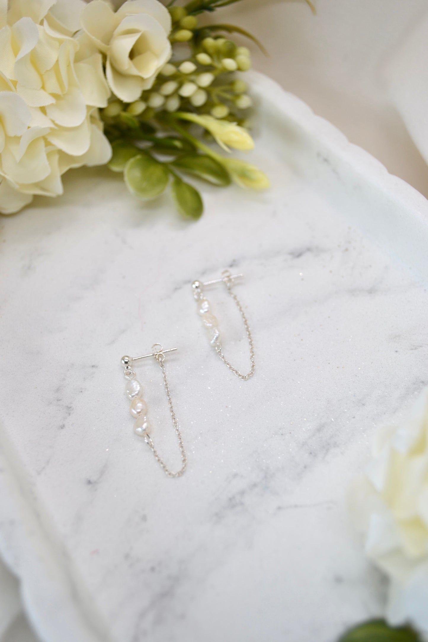 Trio of Pearls Chain Earrings