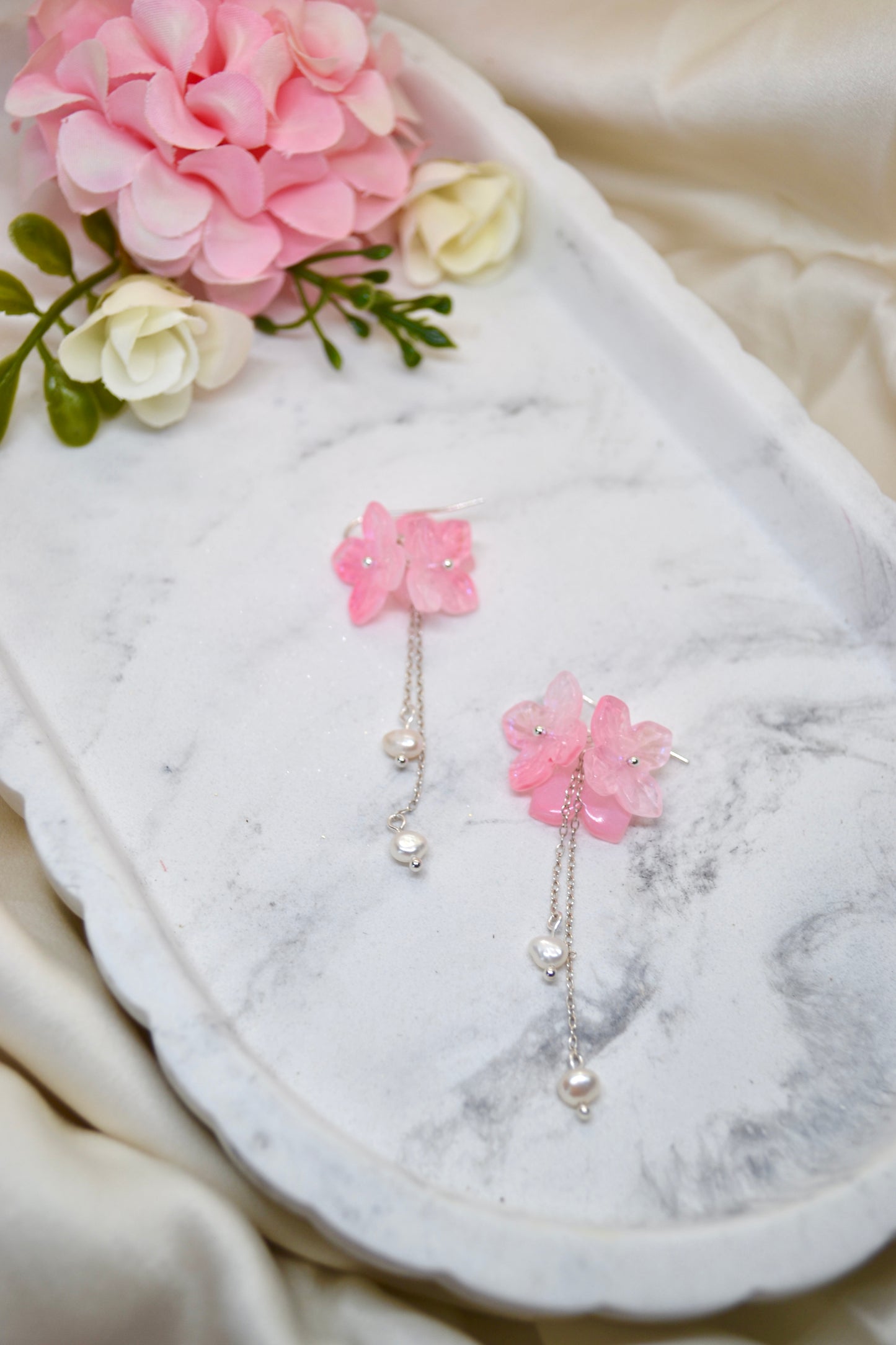 Birthday Earrings – Pink Flower & Pearl Drops