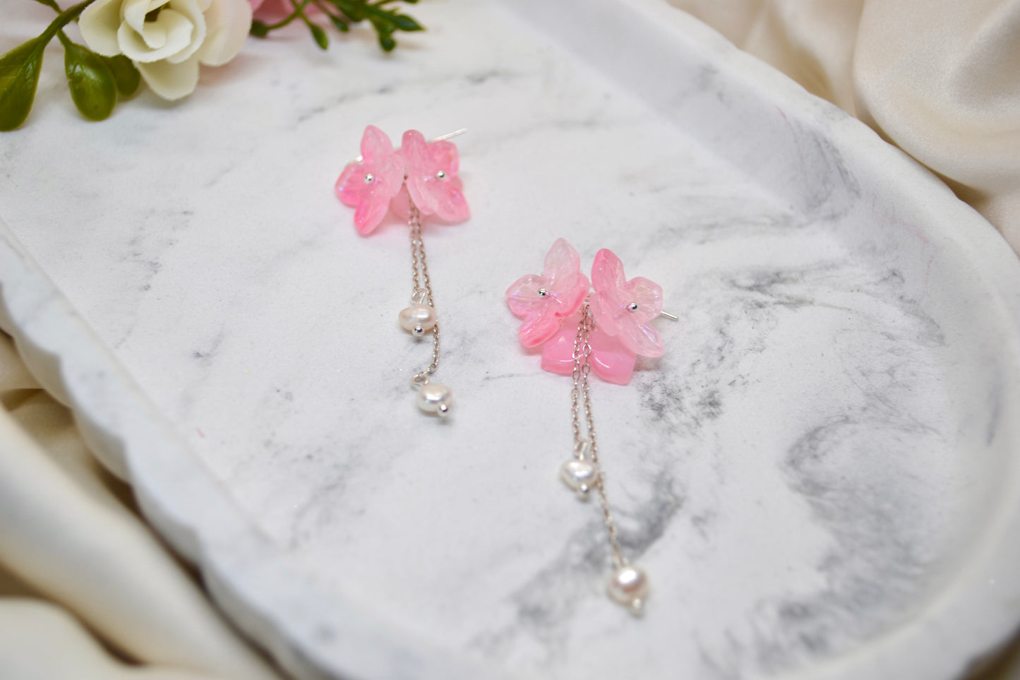 Birthday Earrings – Pink Flower & Pearl Drops