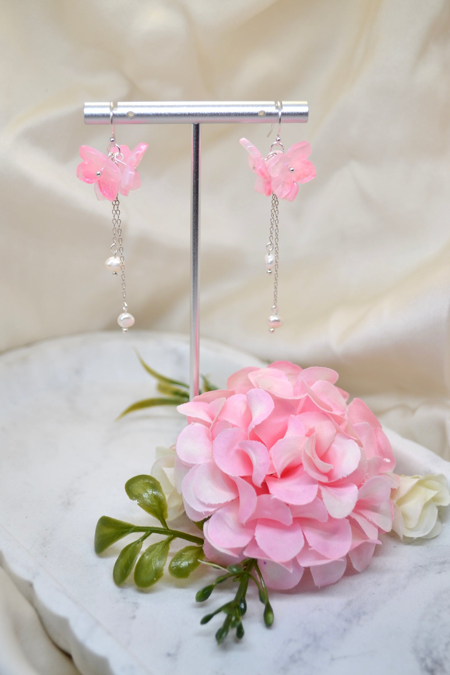 Birthday Earrings – Pink Flower & Pearl Drops