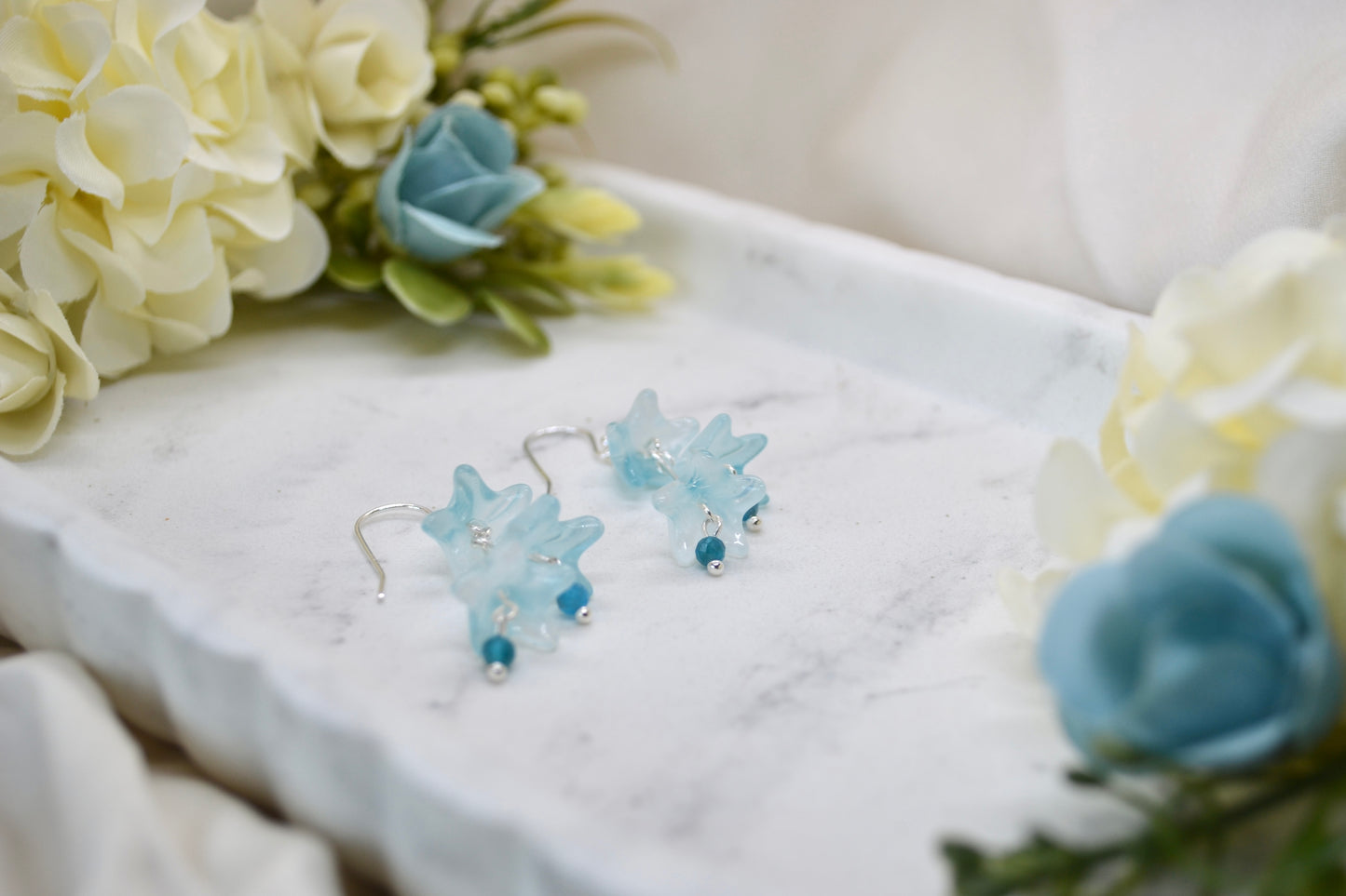Blue Bell Flower Earrings with Apatite Crystals
