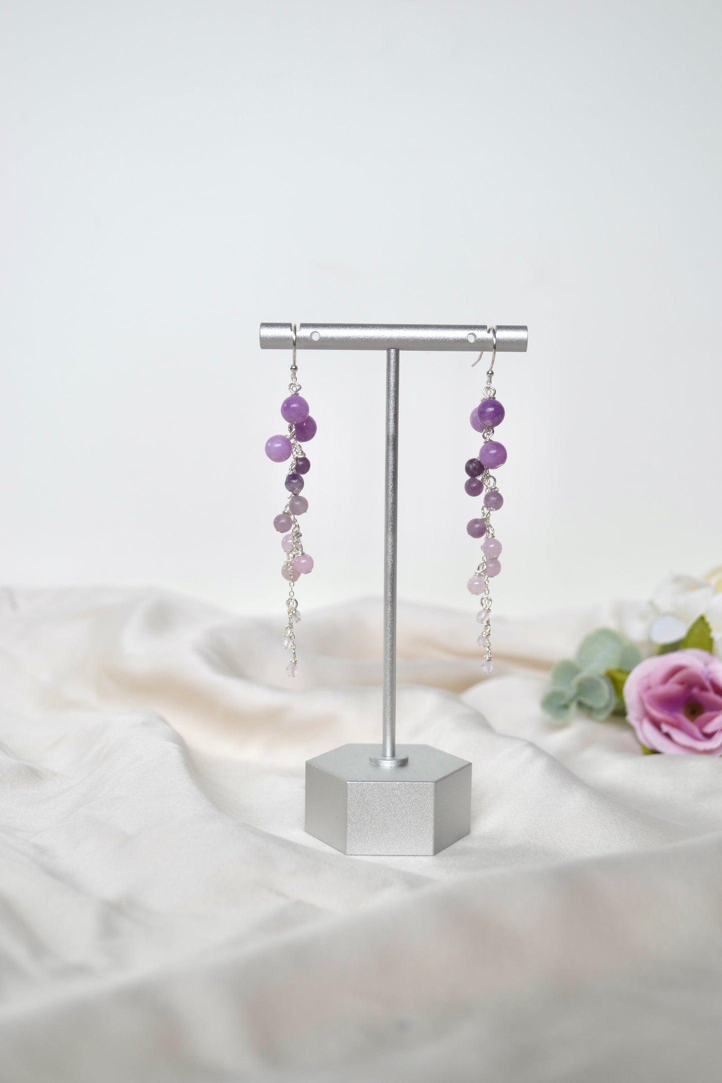 Lepidolite, Purple Angelite & Rose Quartz Drop Earrings