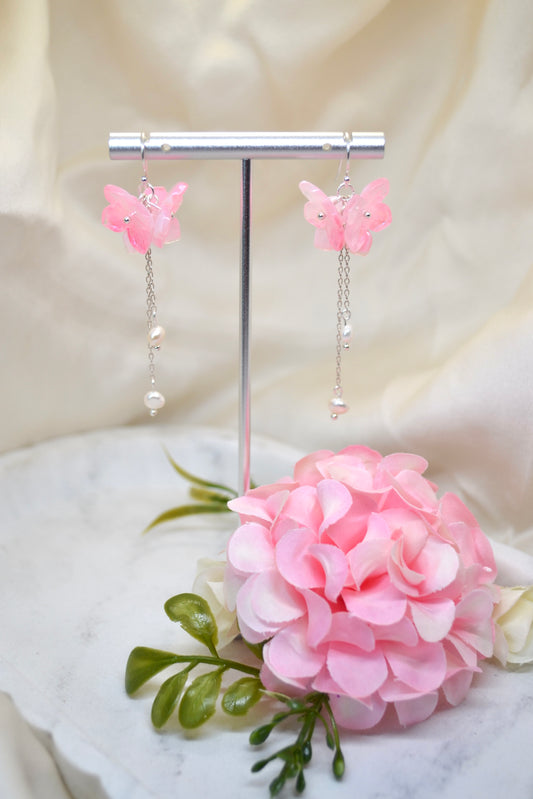 Birthday Earrings – Pink Flower & Pearl Drops