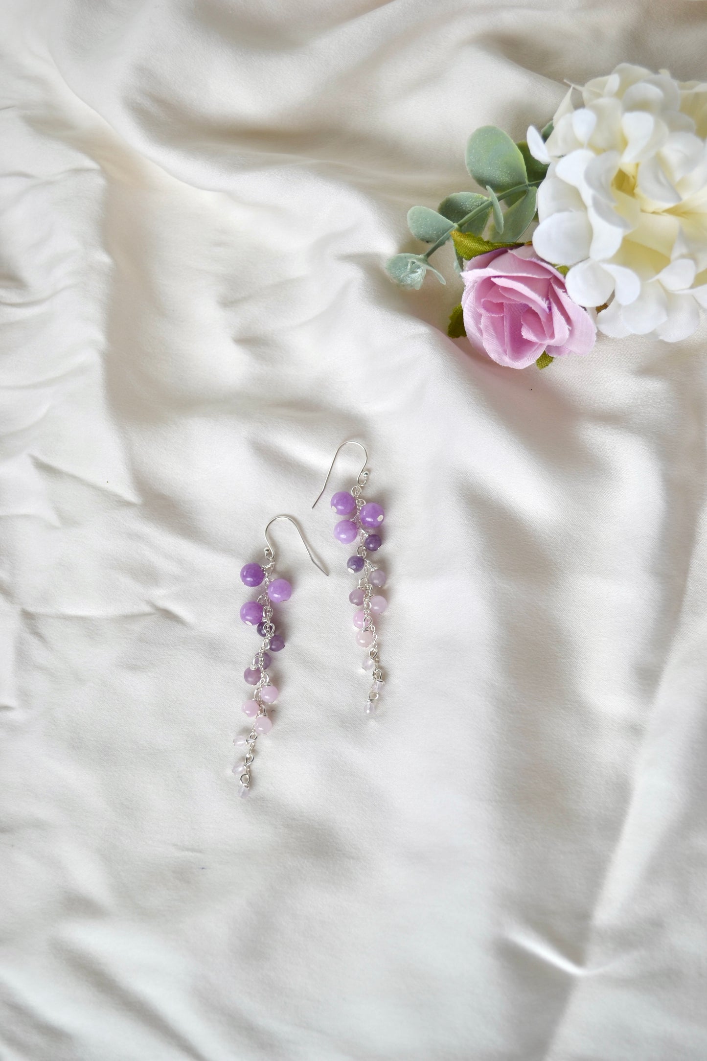 Lepidolite, Purple Angelite & Rose Quartz Drop Earrings