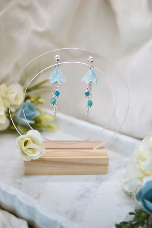 Blue Bell Flowers, Pearls and Apatite Crystals Earrings