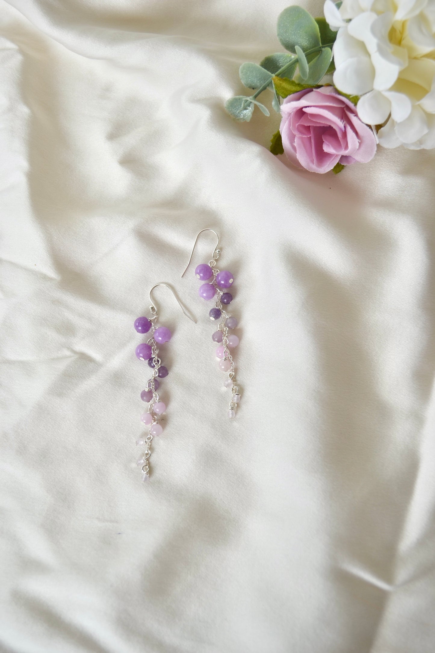 Lepidolite, Purple Angelite & Rose Quartz Drop Earrings