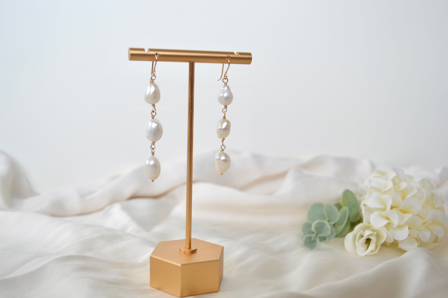 Golden White Pearl Drop Earrings