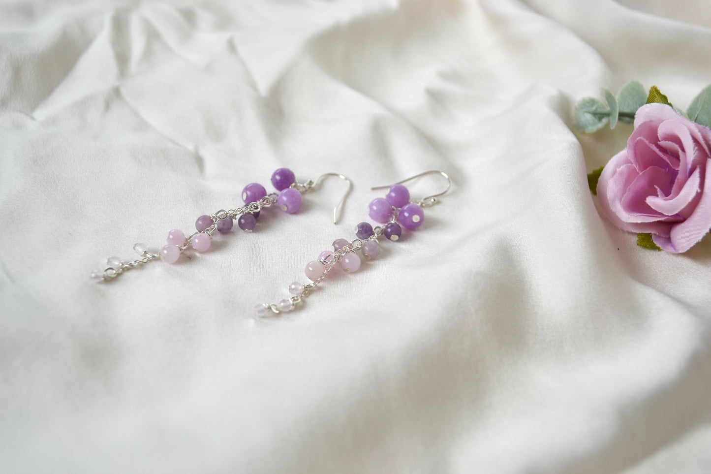Lepidolite, Purple Angelite & Rose Quartz Drop Earrings