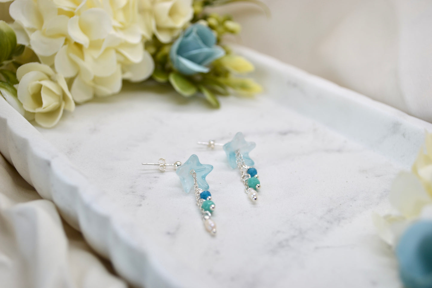 Blue Bell Flowers, Pearls and Apatite Crystals Earrings
