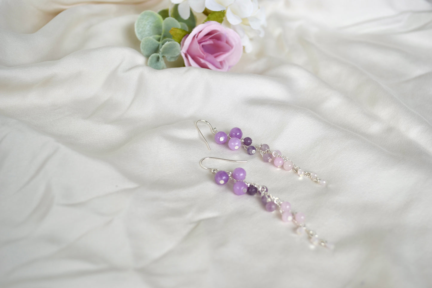 Lepidolite, Purple Angelite & Rose Quartz Drop Earrings