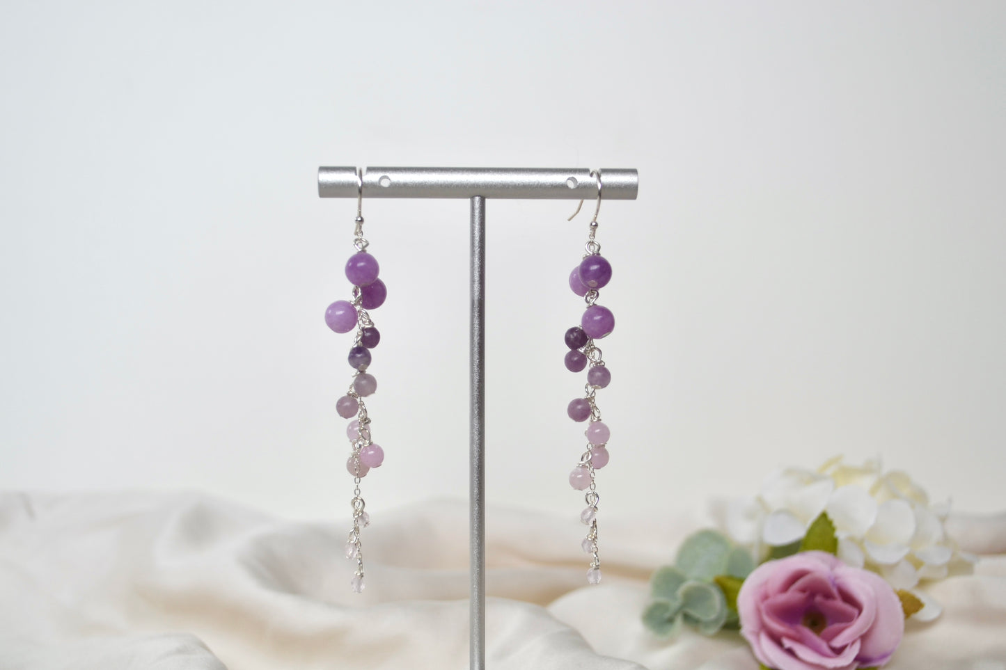 Lepidolite, Purple Angelite & Rose Quartz Drop Earrings