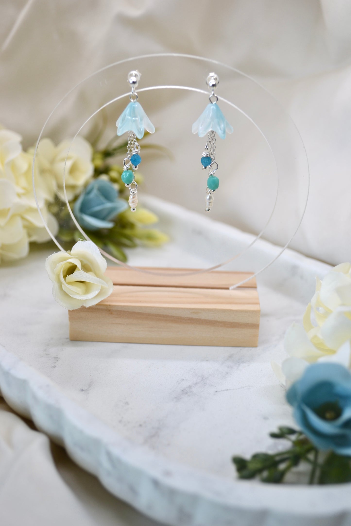 Blue Bell Flowers, Pearls and Apatite Crystals Earrings