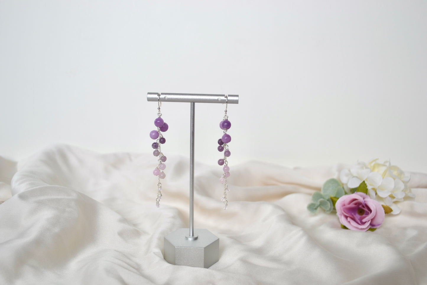 Lepidolite, Purple Angelite & Rose Quartz Drop Earrings