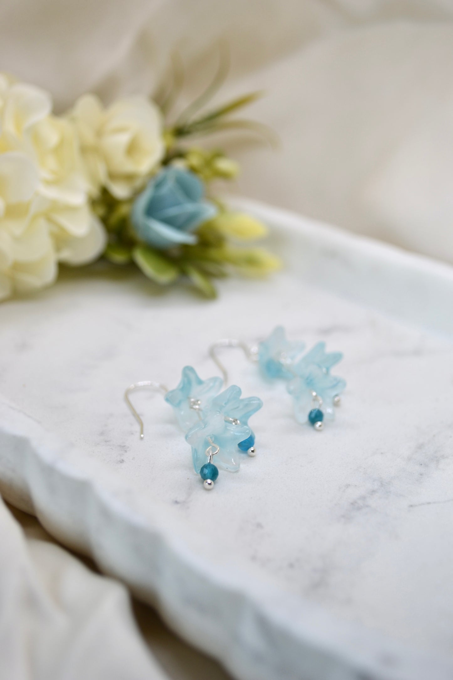 Blue Bell Flower Earrings with Apatite Crystals